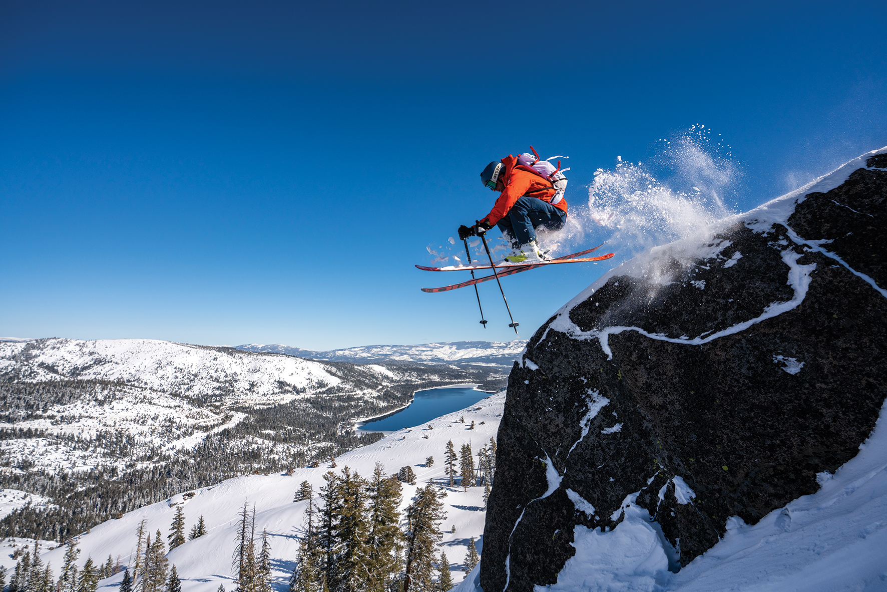 pro skier cliff jump, extreme skiing, winter mountain panorama